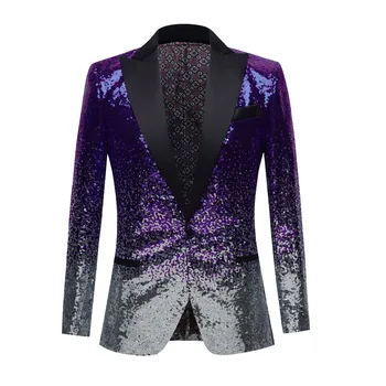 Блестящий Фиолетовый Смокинг, украшенный блестками, Мужской Пиджак с воротником-шалью на одной пуговице, Сценический свадебный костюм для ночного клуба