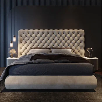 Новейший дизайн мебели для спальни, изголовье кровати из бархатной ткани, деревянная кровать королевского размера, уникальная форма, двуспальная кровать с хохолком на пуговицах